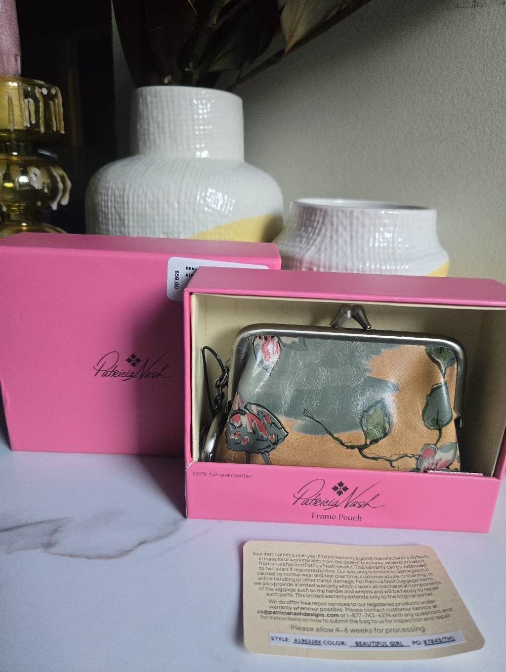 NIB Patricia Nash Kiss Lock Leather Wristlet Pouch With Key Ring